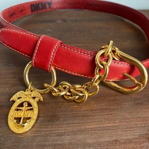 DKNY Red Genuine Leather Belt Gold Chain Anchor Charm Vintage Womens small